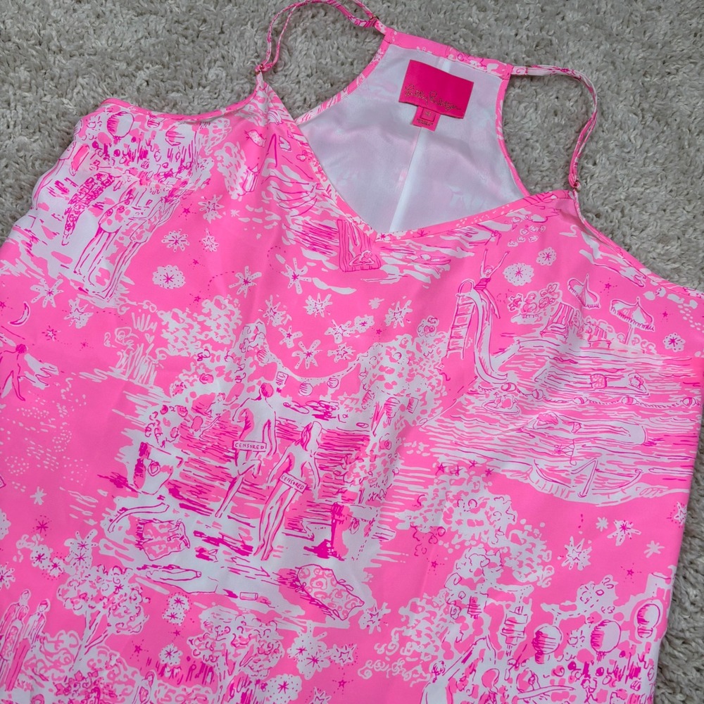 Lilly Pulitzer Florin Silk Tank Top Women XS Pink Beach Print V-Neck Sleeveless